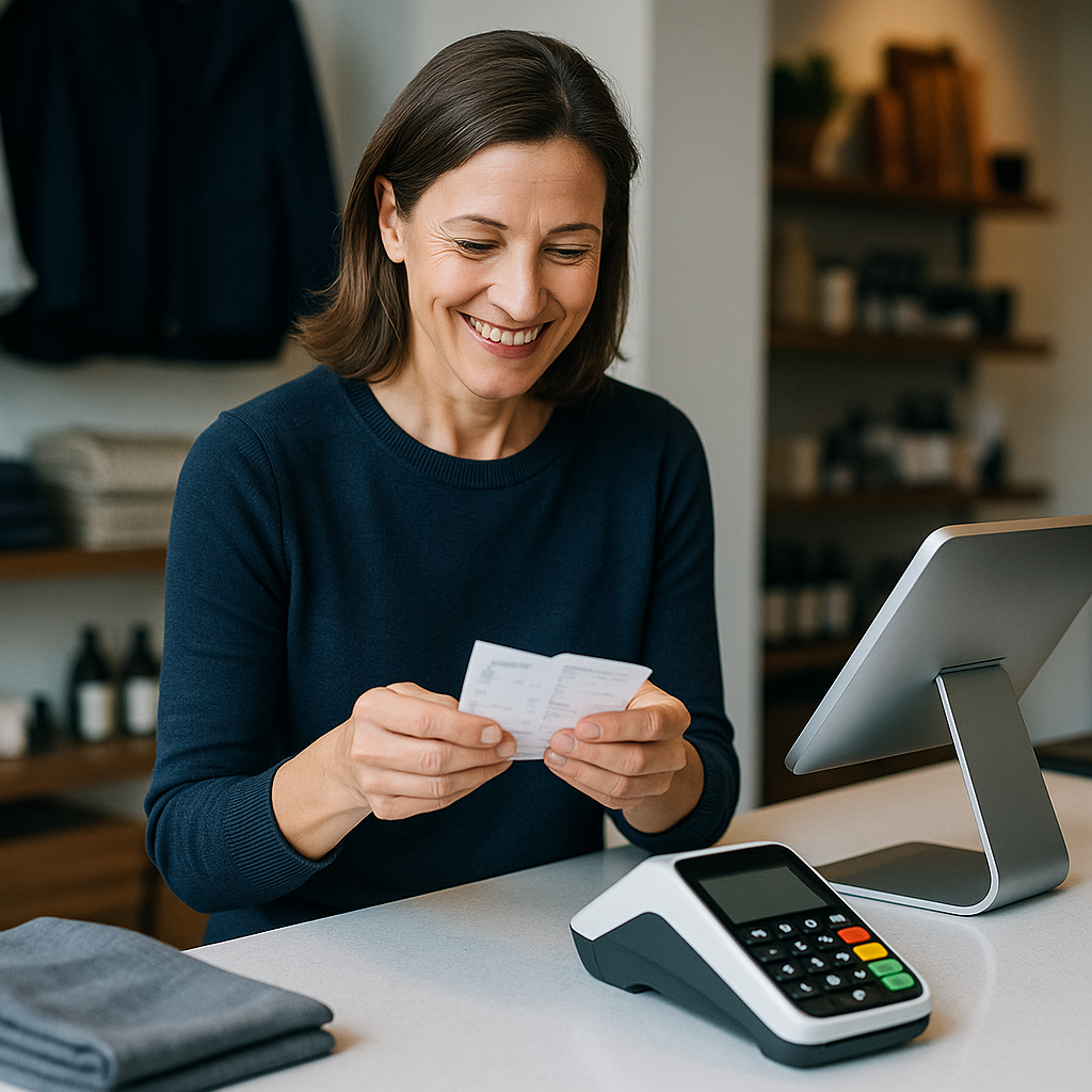 Happy business owner using payment processing system